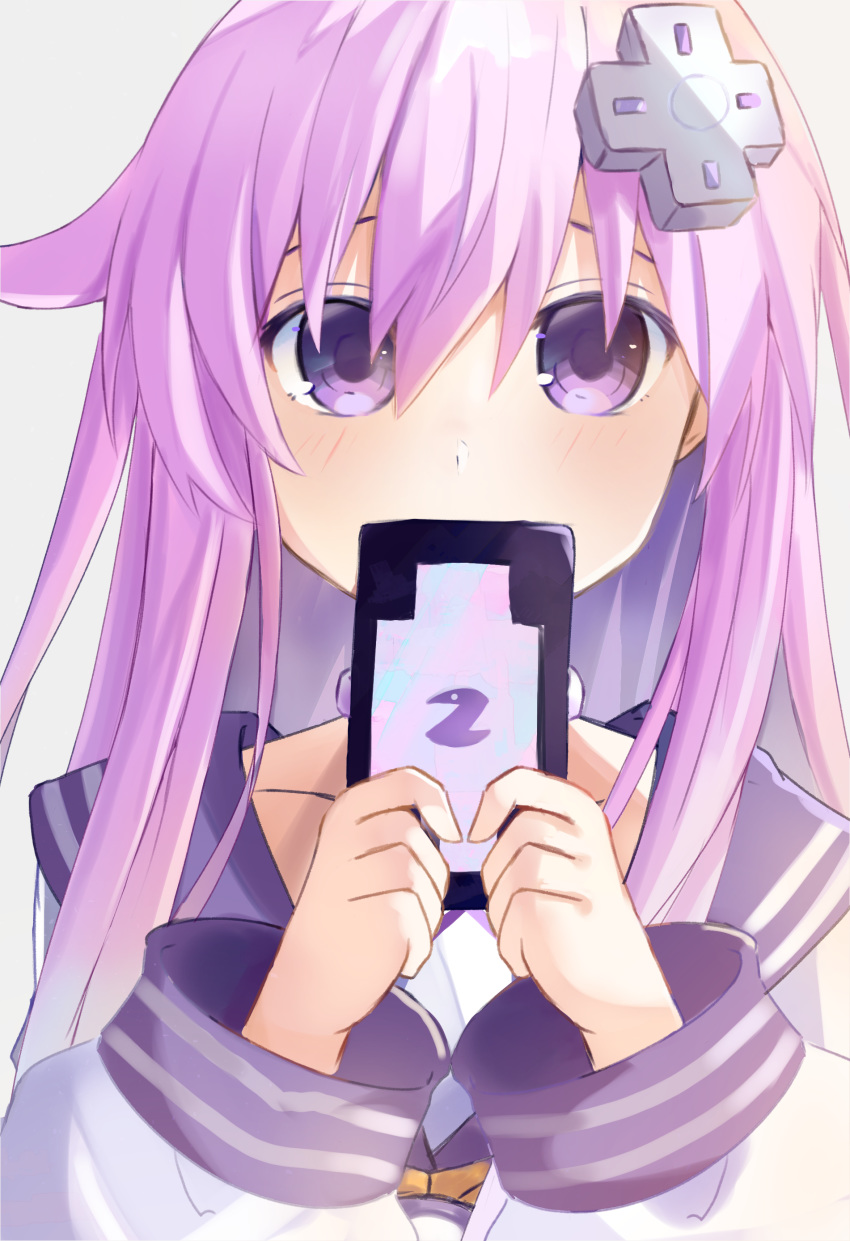 1girl absurdres bangs bimmy blush cellphone commentary d-pad d-pad_hair_ornament dress english_commentary eyebrows_visible_through_hair hair_between_eyes hair_ornament highres holding holding_phone long_hair long_sleeves looking_at_viewer neckerchief nepgear neptune_(series) phone purple_eyes purple_hair sailor_collar sailor_dress sidelocks simple_background solo white_background white_dress yellow_neckwear