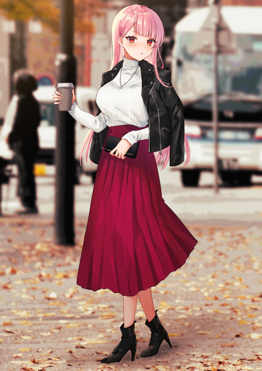 1girl autumn autumn_leaves bangs black_footwear black_jacket blunt_bangs boots breasts casual coffee_cup commentary_request cup disposable_cup fingernails full_body high_collar high_heel_boots high_heels highres holding holding_cup holding_wallet hololive hololive_english jacket jewelry kura_noi lamppost large_breasts leather leather_jacket long_skirt looking_at_viewer mori_calliope necklace outdoors parted_lips pink_hair red_eyes red_skirt skirt solo_focus standing sweater turtleneck turtleneck_sweater vehicle wallet white_sweater zipper zipper_pull_tab