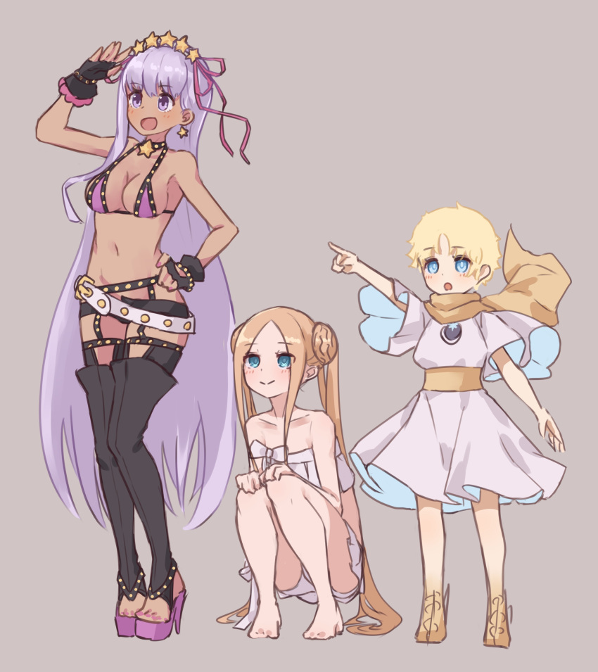 1boy 2girls abigail_williams_(fate/grand_order) abigail_williams_(swimsuit_foreigner)_(fate) absurdres baggy_clothes bangs bare_shoulders bb_(fate)_(all) bb_(swimsuit_mooncancer)_(fate) bead_bracelet beads belt bikini black_garter_belt black_gloves black_legwear black_shorts blonde_hair blue_eyes blush bracelet braid braided_bun breasts cleavage collarbone dark_skin double_bun fate/grand_order fate/requiem fate_(series) fingerless_gloves forehead full_body gloves hair_ornament hair_ribbon hairband high_heels highres jewelry kopaka_(karda_nui) large_breasts legs long_hair loose_belt micro_shorts miniskirt multiple_girls navel neck_ribbon open_mouth parted_bangs pointing purple_bikini purple_eyes purple_hair ribbon scarf shorts sidelocks simple_background skirt small_breasts smile squatting star_(symbol) star_hair_ornament studded_garter_belt swimsuit tan thighhighs thighs twintails very_long_hair voyager_(fate/requiem) white_belt white_bikini yellow_scarf