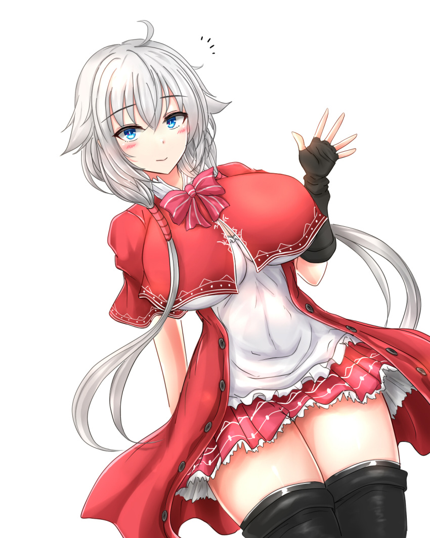 1girl ahoge black_gloves black_legwear blue_eyes bow bowtie breasts capelet closed_mouth e-kichi fingerless_gloves gloves ha_no_yua hair_over_shoulder highres huge_breasts impossible_clothes impossible_shirt light_smile long_hair looking_at_viewer red_bow red_capelet red_skirt seraphina_(ha_no_yua) shirt simple_background skirt solo thighhighs twintails white_background white_hair white_shirt zettai_ryouiki