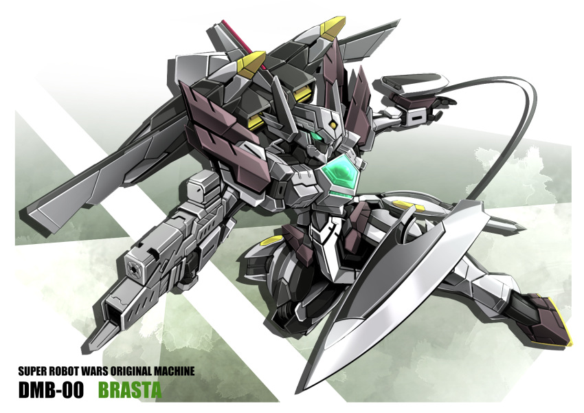 brasta character_name copyright_name flying green_eyes gun highres holding holding_gun holding_weapon looking_ahead mecha mechanical_wings no_humans open_hand science_fiction sibelurabbi solo super_robot_wars super_robot_wars_z2 weapon wings