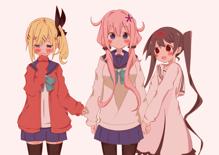 3girls absurdres blazer blonde_hair blue_eyes blush bow brown_hair commentary cross_hair_ornament flower hair_bow hair_flower hair_ornament hair_ribbon hairclip hand_to_own_mouth heart heart-shaped_pupils highres holding_hands jacket jealous jinyama left_out long_hair looking_at_another looking_at_viewer midori_hemo multiple_girls nukui_hayu ochikobore_fruit_tart open_mouth pink_hair red_eyes ribbon sakura_ino school_uniform scrunchie simple_background skirt sleeve_pull smile symbol-shaped_pupils thighhighs twintails very_long_hair white_background yuri zettai_ryouiki