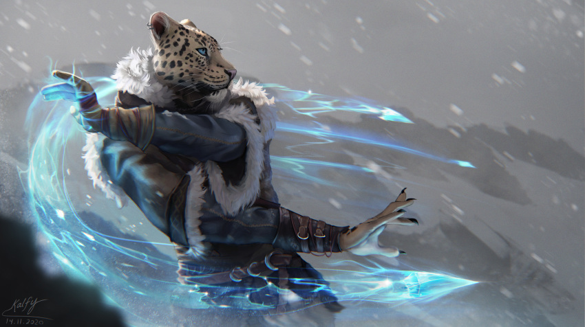2020 5_fingers absurd_res anthro blue_eyes clothed clothing day detailed_background digital_media_(artwork) felid fingers fur hi_res kalfy leopard male mammal outside pantherine solo spots spotted_body spotted_fur standing