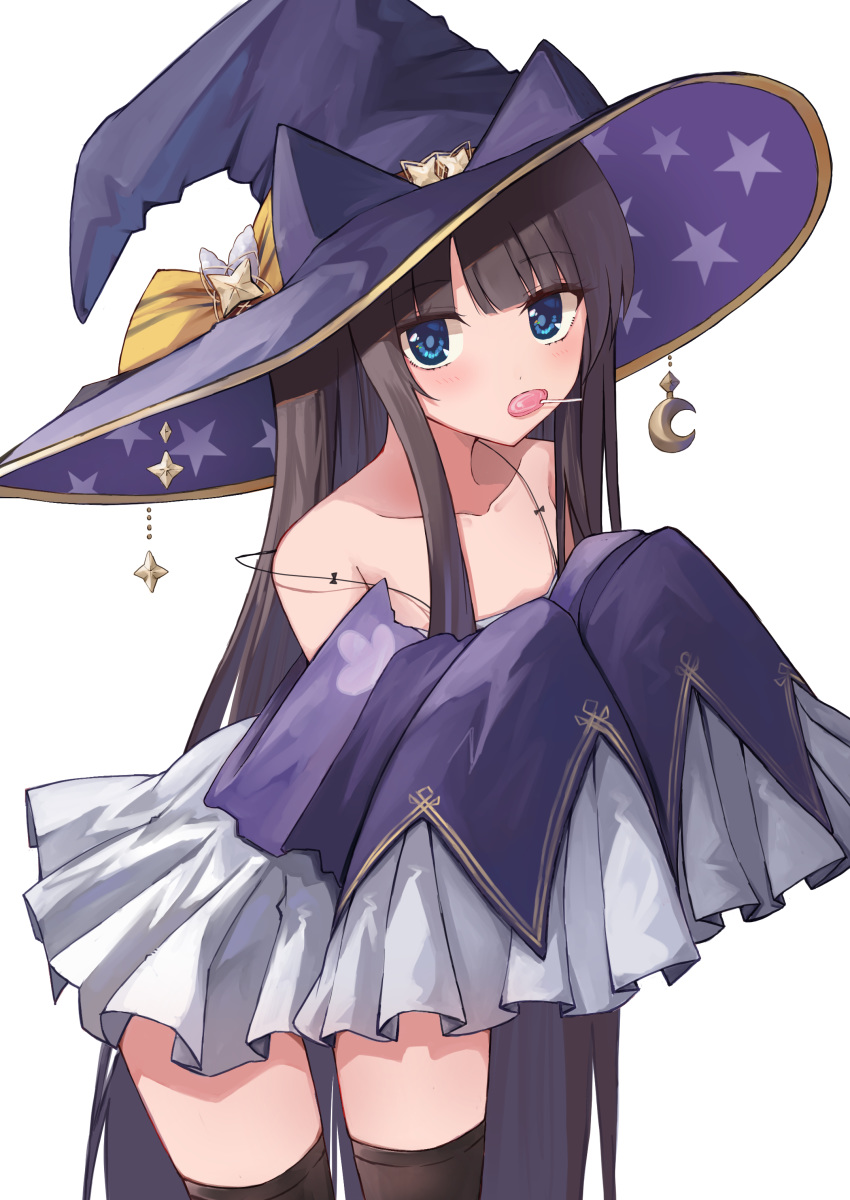 1girl absurdres alternate_costume azur_lane bangs bare_shoulders black_legwear blunt_bangs blush bow brown_hair camisole candy collarbone crescent detached_sleeves eyebrows_visible_through_hair food hat hat_bow hat_ornament highres leaning_forward lollipop long_hair long_island_(azur_lane) long_sleeves looking_at_viewer misonikomi mouth_hold purple_headwear simple_background sleeves_past_fingers sleeves_past_wrists solo spaghetti_strap straight_hair strap_slip thighhighs very_long_hair white_background witch_hat yellow_bow