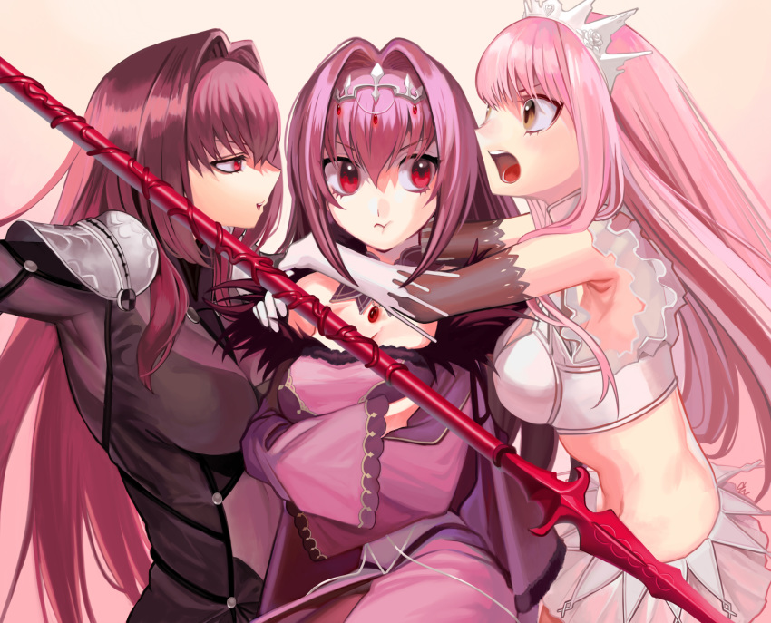 3girls :o :t angry armpits asakou_(n_morninglight) bodysuit brown_eyes crossed_arms dress fate/grand_order fate_(series) frills gae_bolg gloves hair_intakes highres long_hair looking_at_another medb_(fate)_(all) medb_(fate/grand_order) midriff multiple_girls open_mouth pink_background pink_hair pout profile purple_bodysuit purple_dress purple_hair red_eyes scathach_(fate)_(all) scathach_(fate/grand_order) scathach_skadi_(fate/grand_order) skirt tiara white_gloves white_skirt