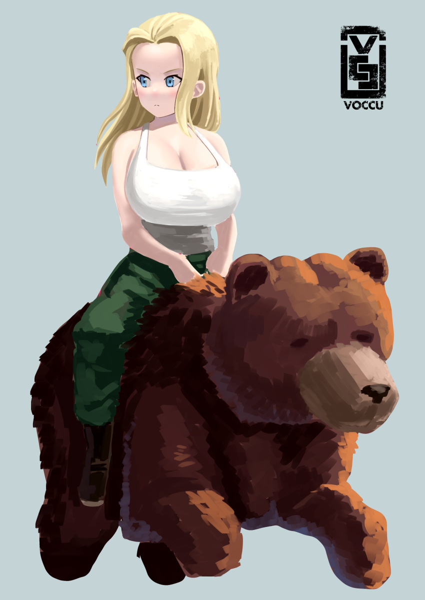 1girl absurdres artist_logo bear black_footwear blonde_hair blue_eyes breasts clara_(girls_und_panzer) cleavage closed_mouth cosplay english_commentary girls_und_panzer green_pants grey_background highres large_breasts light_frown long_hair looking_to_the_side pants parody real_life riding shirt shoes simple_background solo tank_top vladimir_putin vladimir_putin_(cosplay) voccu white_shirt