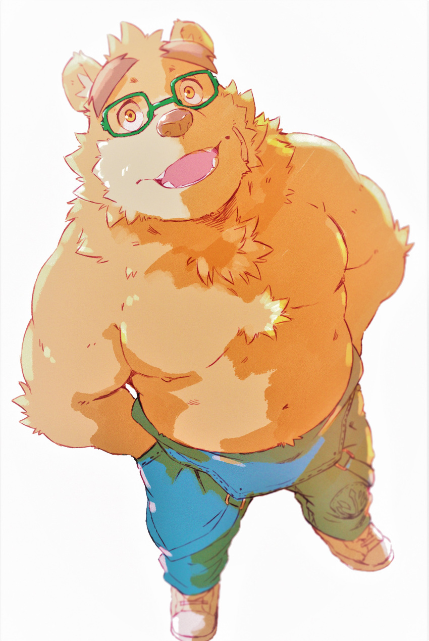 2020 absurd_res anthro belly bottomwear brown_body brown_fur clothing eyewear fur glasses heylaw21 hi_res kemono male mammal moobs pants simple_background slightly_chubby solo tokyo_afterschool_summoners ursid video_games volos white_background