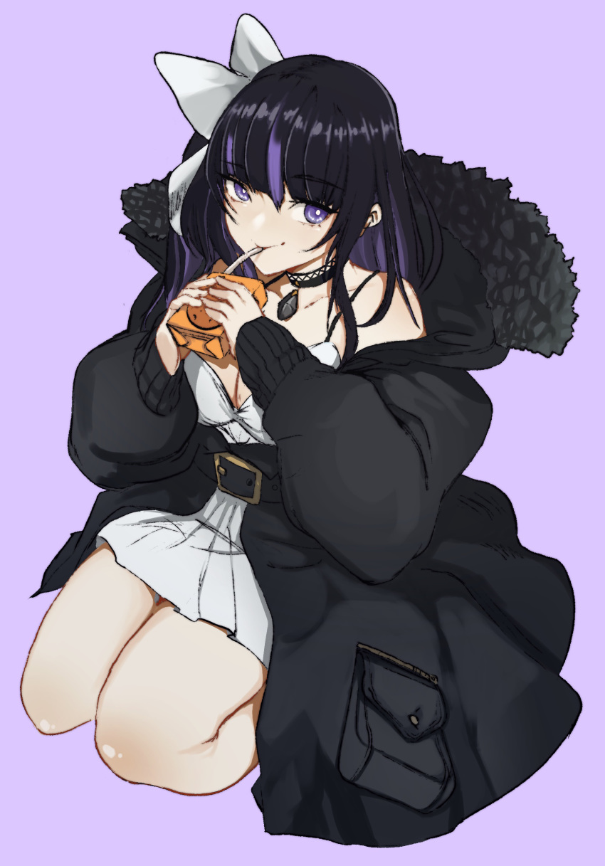 1girl belt black_coat black_hair breasts bright_pupils choker cleavage coat dress drinking drinking_straw fur_collar hair_ribbon highres indie_virtual_youtuber kkun88 long_sleeves looking_at_viewer multicolored_hair off_shoulder pocket purple_background purple_eyes purple_hair ribbon ririsya simple_background sitting smile solo two-tone_hair virtual_youtuber white_dress white_pupils white_ribbon