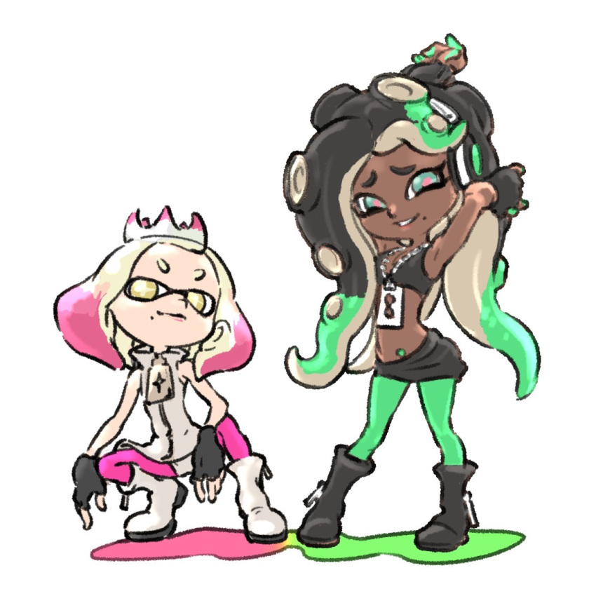 +_+ 2girls aqua_eyes arms_up black_footwear black_gloves black_hair black_shorts blonde_hair boots breasts cleavage closed_mouth crop_top dark_skin domino_mask dress fingerless_gloves furrowed_eyebrows gloves green_hair green_legwear green_skin headphones hime_(splatoon) iida_(splatoon) legwear_under_shorts long_hair mask medium_breasts medium_hair mole mole_under_mouth multicolored multicolored_hair multicolored_skin multiple_girls navel_piercing octarian paint pantyhose piercing pink_hair pink_pupils shorts shorts_under_dress simple_background sjw_kazuya sleeveless sleeveless_dress splatoon_(series) splatoon_2 squatting standing suction_cups teeth tentacle_hair tiptoes two-tone_hair two-tone_skin unzipped very_long_hair white_background white_dress white_footwear yellow_eyes zipper zipper_pull_tab