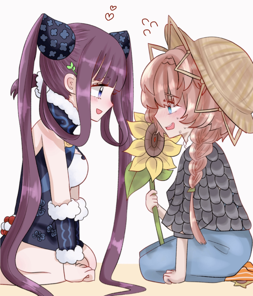 2girls blue_eyes blush brown_hair brown_headwear commentary_request denim fate/grand_order fate_(series) flower flying_sweatdrops from_side hat heart highres holding holding_flower jeans kneeling long_braid looking_at_another multiple_girls o_natsu open_mouth pants profile purple_hair smile sunflower sweat twintails van_gogh_(fate) wrist_cuffs yang_guifei_(fate/grand_order) yuri