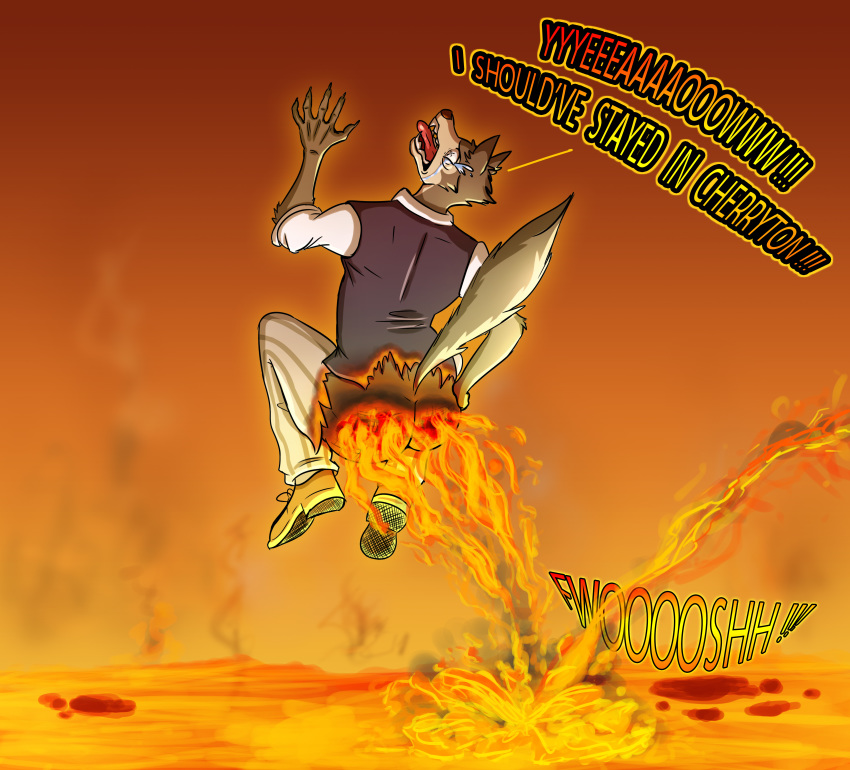 absurd_res anthro beastars bodily_fluids bottomwear burning butt butt_grab butt_on_fire butt_on_fire_(artist) butthurt canid canine canis clothing crying footwear fur grey_body grey_fur hand_on_butt hi_res lava legoshi_(beastars) male mammal pain pants screaming shoes smoke solo tears text topwear torn_bottomwear torn_clothing torn_pants wolf wounded