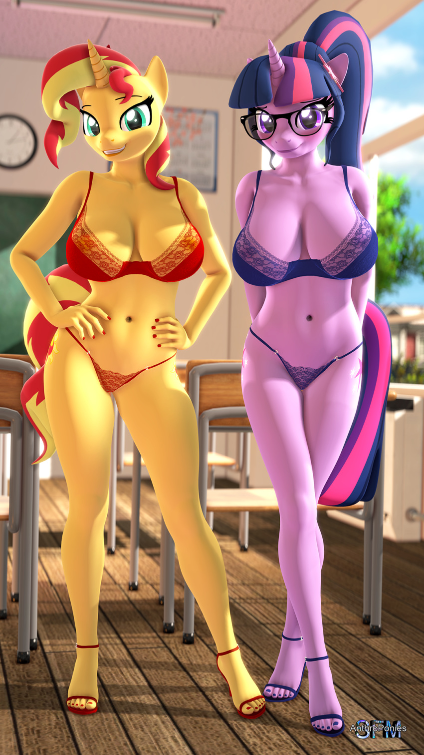 3d_(artwork) 9:16 anthro anthrofied anthroponiessfm areola big_breasts bra breasts cleavage clothed clothing digital_media_(artwork) duo equestria_girls equid equine eyewear female footwear glasses hand_on_hip hasbro hi_res high_heels horn mammal my_little_pony panties shoes sunset_shimmer_(eg) translucent translucent_clothing twilight_sparkle_(eg) underwear unicorn