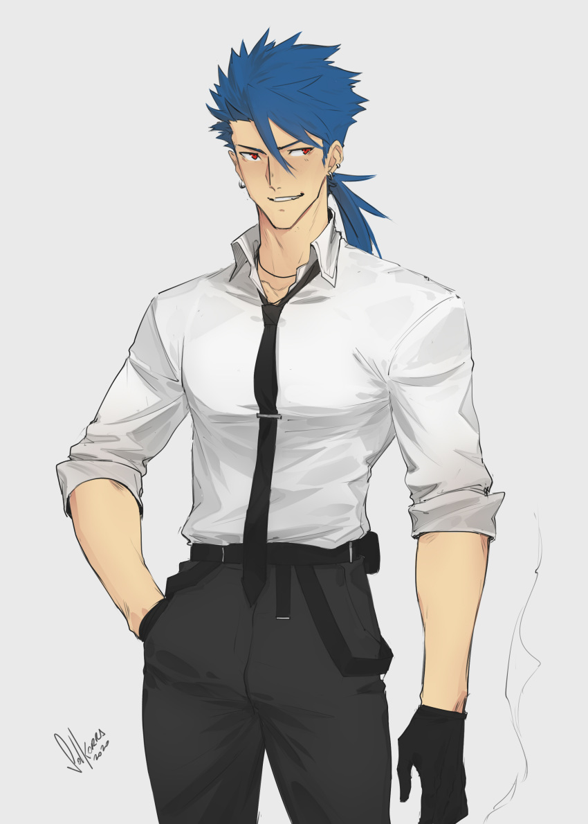 1boy absurdres alternate_costume belt blue_hair collared_shirt cowboy_shot cu_chulainn_(fate)_(all) cu_chulainn_(fate/prototype) dated dress_shirt earrings fate/prototype fate_(series) gloves grey_background grin hand_in_pocket highres hoop_earrings jewelry long_hair looking_to_the_side male_focus multiple_piercings necktie pants pony ponytail red_eyes shirt signature simple_background sleeves_rolled_up smile smoke solkorra solo spiked_hair tie_clip type-moon