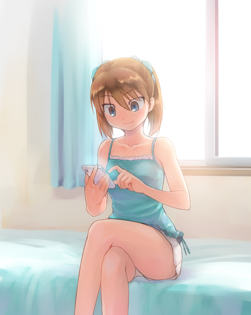 1girl backlighting bangs bed bedroom black_eyes blue_scrunchie blue_shirt brown_hair camisole cellphone closed_mouth commentary_request crossed_legs curtains day eyebrows_visible_through_hair hair_ornament hair_scrunchie highres holding holding_phone ikeda_jun_(mizutamari) indoors medium_hair miniskirt on_bed original panties pantyshot phone pleated_skirt redrawn scrunchie shirt sitting skirt smartphone smile solo twintails underwear white_panties white_skirt window