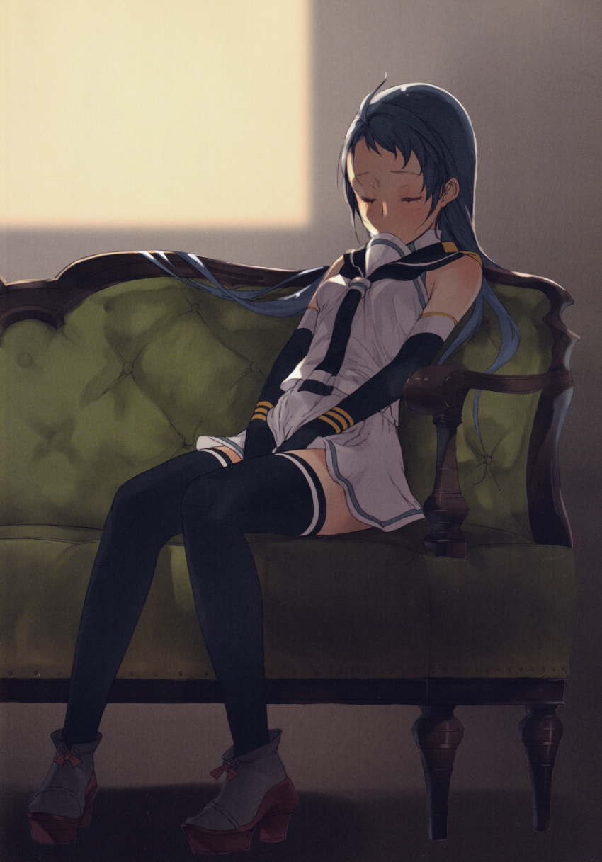 1girl absurdres bangs bare_shoulders black_gloves black_legwear blue_hair blush branch_(blackrabbits) closed_eyes couch elbow_gloves gloves gradient_hair highres huge_filesize kantai_collection long_hair multicolored_hair neckerchief sailor_collar samidare_(kantai_collection) scan shirt sitting sleeping sleeveless sleeveless_shirt solo swept_bangs thighhighs very_long_hair white_serafuku zettai_ryouiki