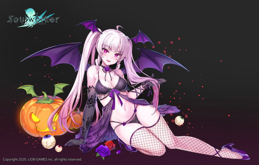 breasts cleavage demon flowers gradient halloween lily_bloomerchen logo maett panties rose soul_worker succubus thighhighs underwear wings