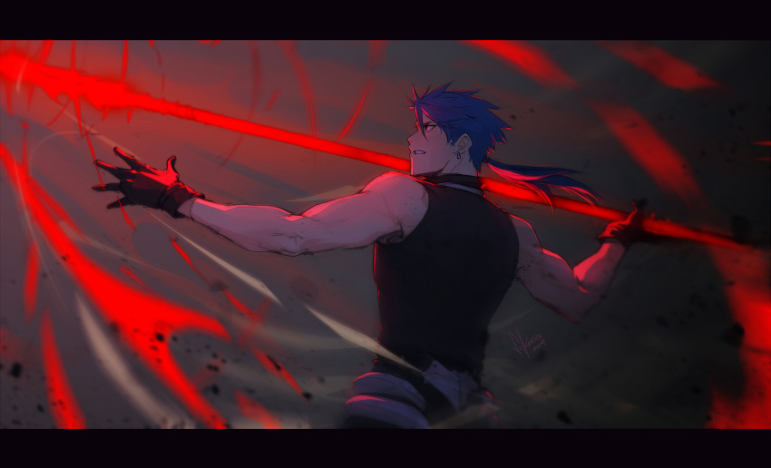 1boy back bare_shoulders blue_hair cu_chulainn_(fate)_(all) cu_chulainn_(fate/prototype) earrings fate/prototype fate_(series) from_behind gae_bolg gloves glowing glowing_weapon holding holding_weapon hoop_earrings jewelry long_hair male_focus muscle polearm ponytail shirt sleeveless sleeveless_shirt solkorra solo spear spiked_hair throwing type-moon weapon