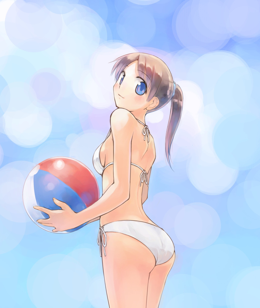 1girl ass back ball beachball bikini blue_eyes blue_scrunchie blue_sky breasts brown_hair closed_mouth commentary_request day eyebrows_visible_through_hair from_behind hair_ornament hair_scrunchie highres holding holding_ball ikeda_jun_(mizutamari) light_smile looking_at_viewer looking_back medium_hair original outdoors ponytail redrawn scrunchie side-tie_bikini sky small_breasts solo standing swimsuit white_bikini