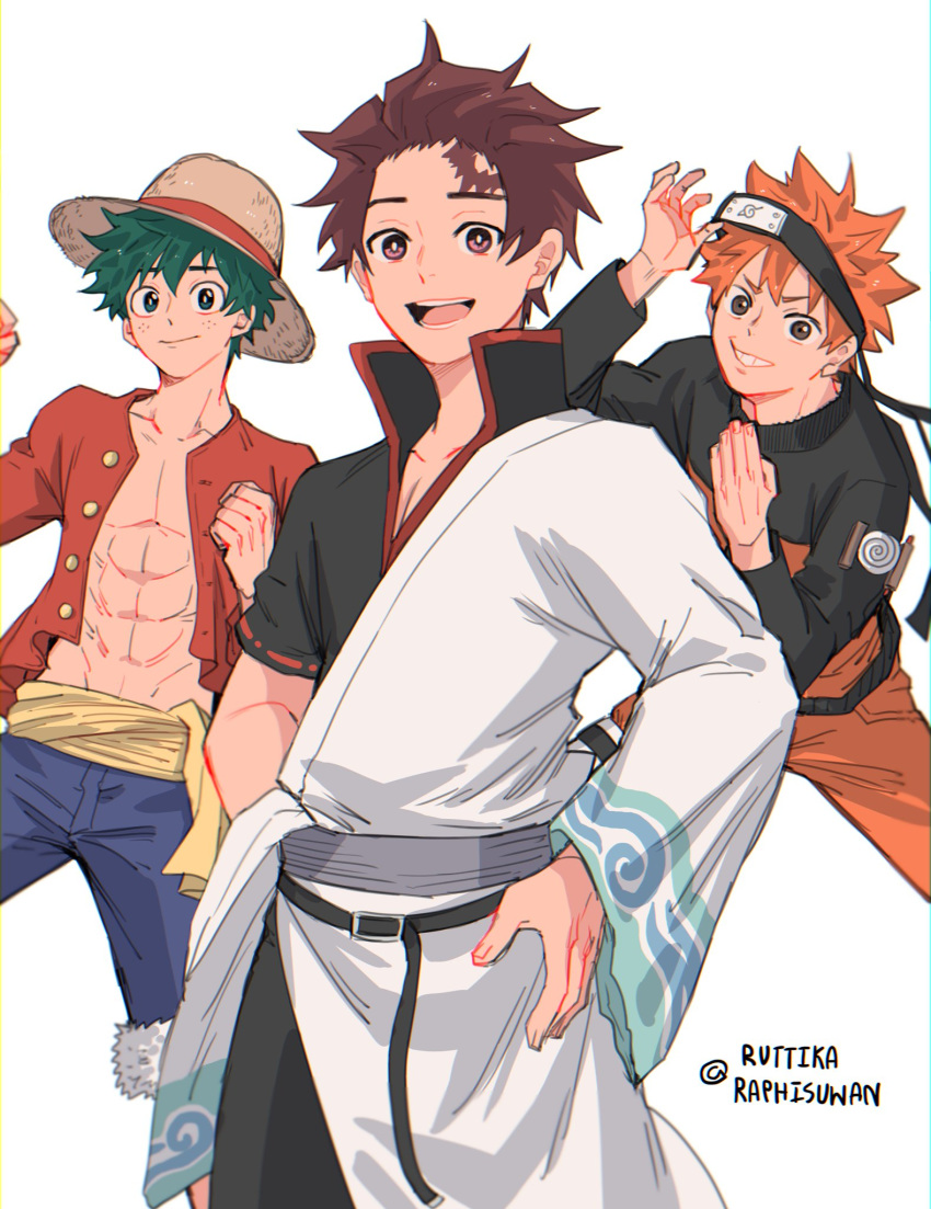 3boys bandana boku_no_hero_academia brown_eyes cosplay crossover facial_scar gintama green_eyes green_hair grin haikyuu!! highres hinata_shouyou jacket japanese_clothes kamado_tanjirou kimetsu_no_yaiba kimono male_focus midoriya_izuku monkey_d_luffy monkey_d_luffy_(cosplay) multiple_boys multiple_crossover naruto_(series) one_piece open_mouth orange_hair pants red_jacket ruttika_shin sakata_gintoki sakata_gintoki_(cosplay) scar shorts smile twitter_username uzumaki_naruto uzumaki_naruto_(cosplay) wide_sleeves