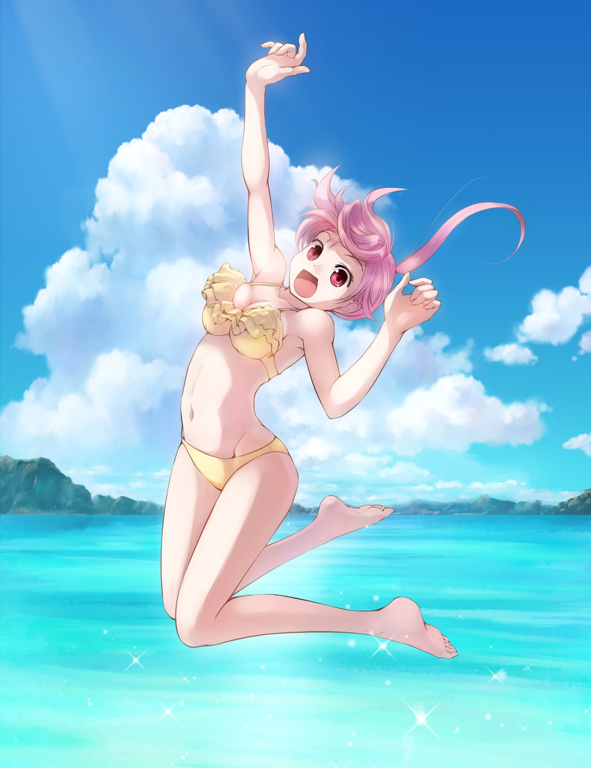 1girl :d arm_up bangs barefoot bikini blue_sky breasts cleavage cloud cloudy_sky commentary_request frilled_bikini frills highres ikeda_jun_(mizutamari) jumping legs_up looking_at_viewer medium_breasts medium_hair navel ocean open_mouth original partial_commentary pink_hair red_eyes shore skindentation sky smile solo sparkle swimsuit yellow_bikini