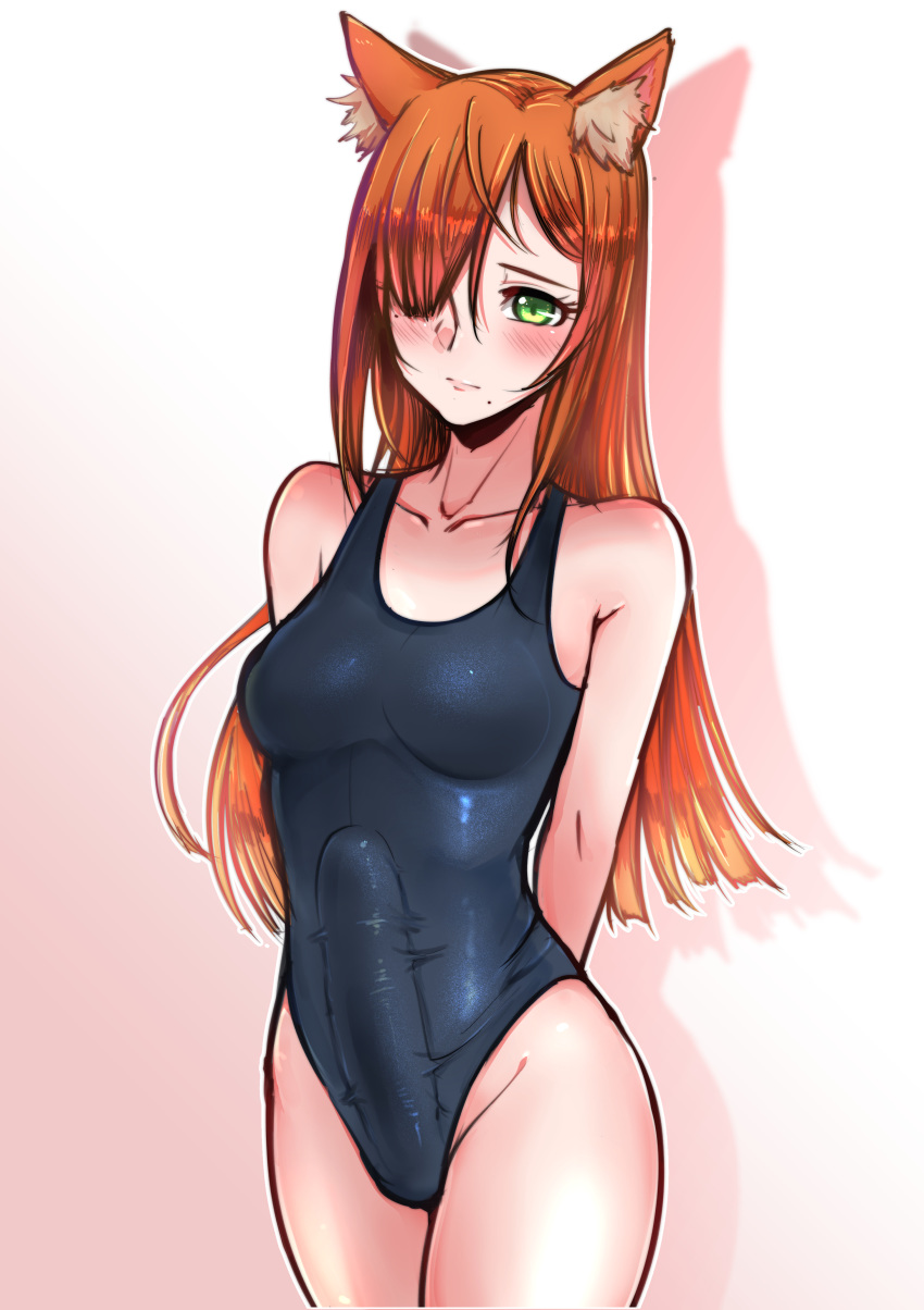 absurd_res animal_humanoid blush breasts bulge canid canid_humanoid canine canine_humanoid cleavage clothed clothing erection erection_under_clothing fox_humanoid genital_outline green_eyes gynomorph hair hi_res humanoid intersex lightingsaber looking_at_viewer mammal mammal_humanoid one-piece_swimsuit orange_hair penis_outline solo swimwear