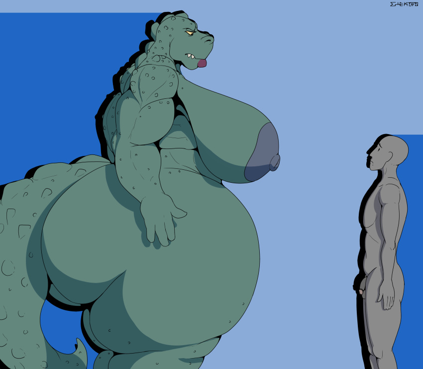 absurd_res anthro big_breasts breasts croclady crocodile crocodilian crocodylid elektr0 female flaccid genitals green_body grey_body hi_res huge_breasts human larger_female male mammal mature_female nipples nude penis reptile scalie size_difference smaller_male thick_thighs