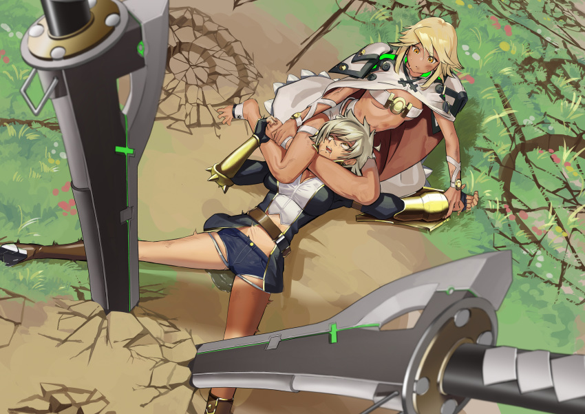 2girls absurdres asphyxiation beltbra blazblue blazblue:_chronophantasma bullet_(blazblue) cape commission dark_skin dark_skinned_female fingerless_gloves gloves guilty_gear guilty_gear_xrd highres huge_filesize huge_weapon long_hair looking_at_viewer multiple_girls orange_eyes peeing ramlethal_valentine saliva short_shorts shorts skeb_commission solo thigh_strap weapon white_hair zyaki