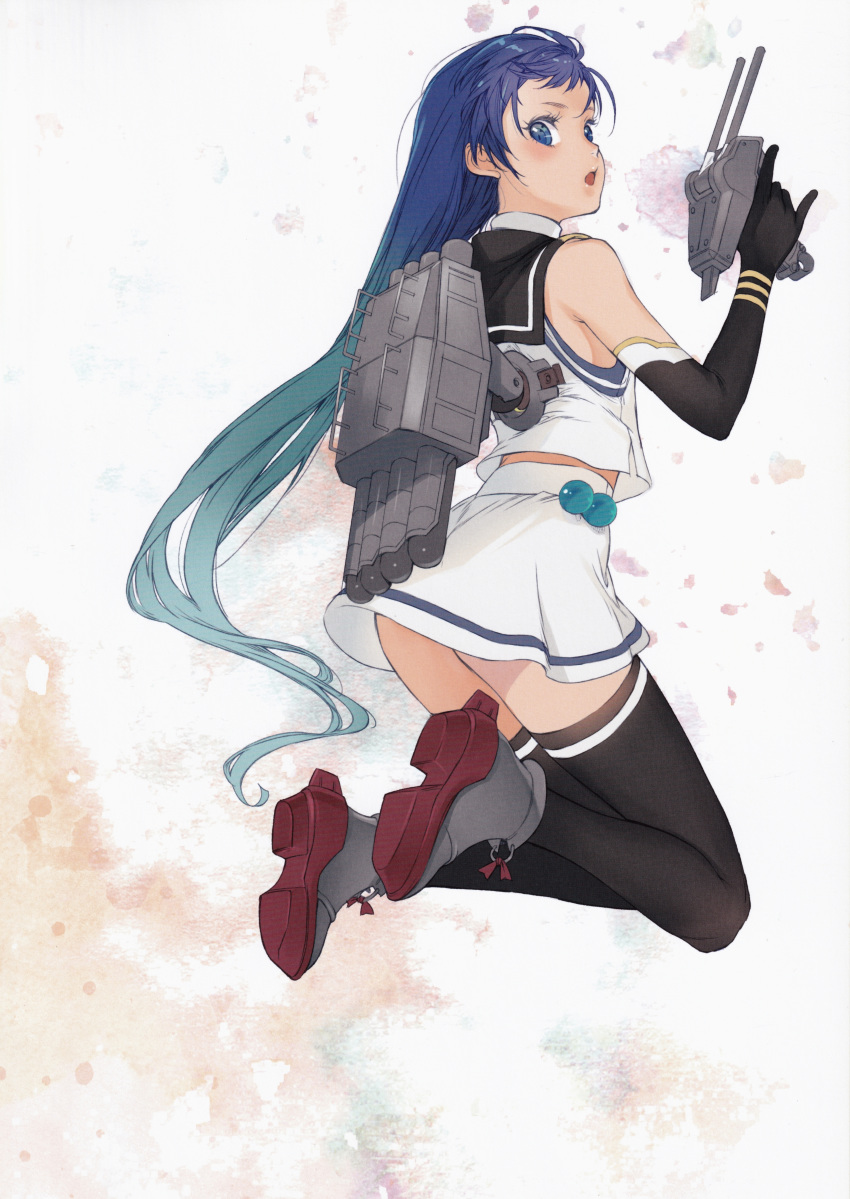 1girl absurdres ahoge ass bangs black_legwear blue_eyes blue_hair blush branch_(blackrabbits) cannon elbow_gloves gloves gradient_hair highres jumping kantai_collection long_hair looking_at_viewer looking_back machinery multicolored_hair open_mouth sailor_collar samidare_(kantai_collection) scan shirt sleeveless sleeveless_shirt solo swept_bangs thighhighs turret very_long_hair white_serafuku