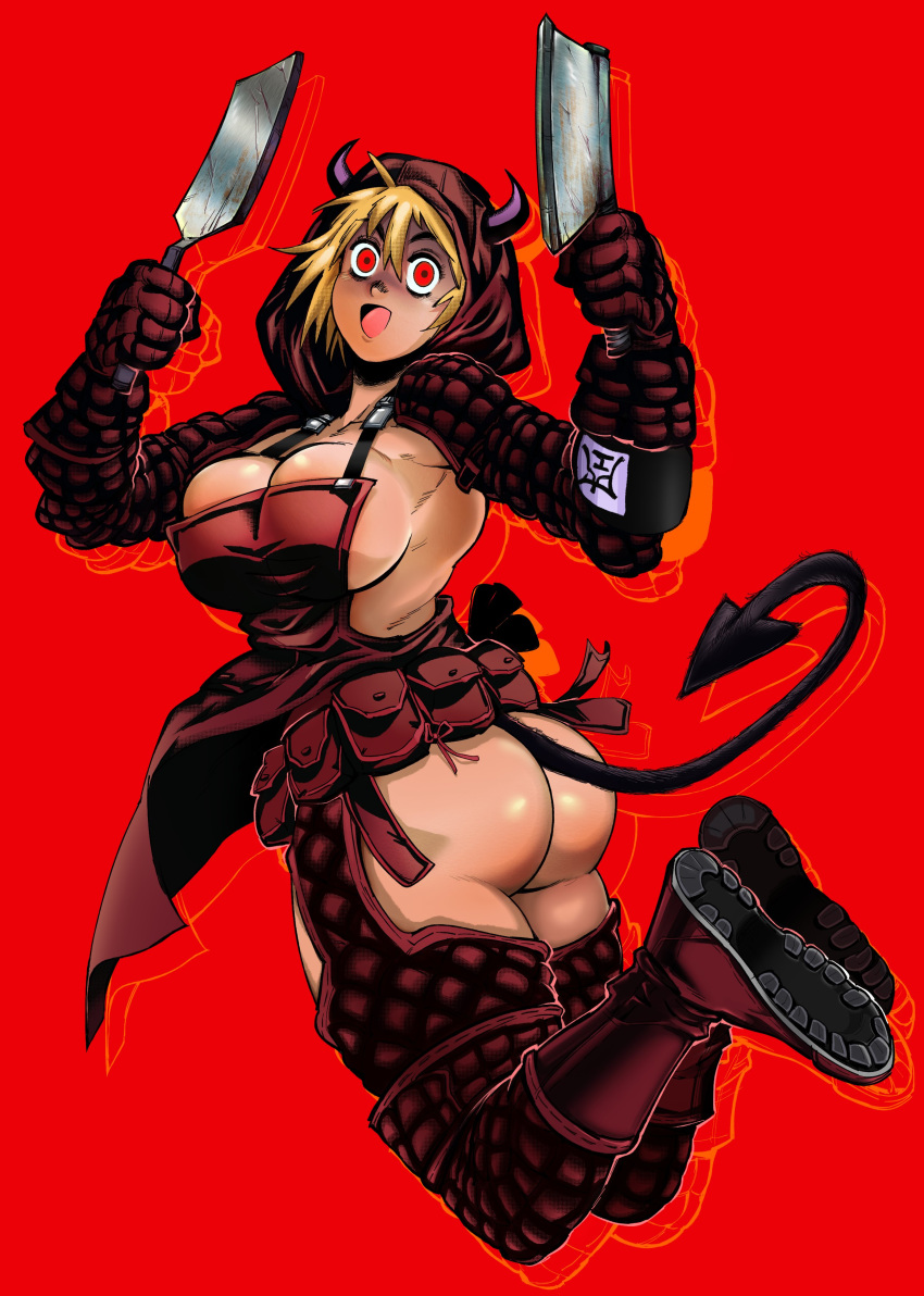 1girl absurdres apron ass belt_pouch black_horns blonde_hair boots breasts butcher_knife chaps cleavage crazy_eyes demon_tail detached_sleeves dorohedoro full_body gloves highres hood horns jumping large_breasts legs_together nikaidou_(dorohedoro) no_panties normov open_mouth pouch red_background red_eyes short_hair sideboob solo spatula tail thick_thighs thighs