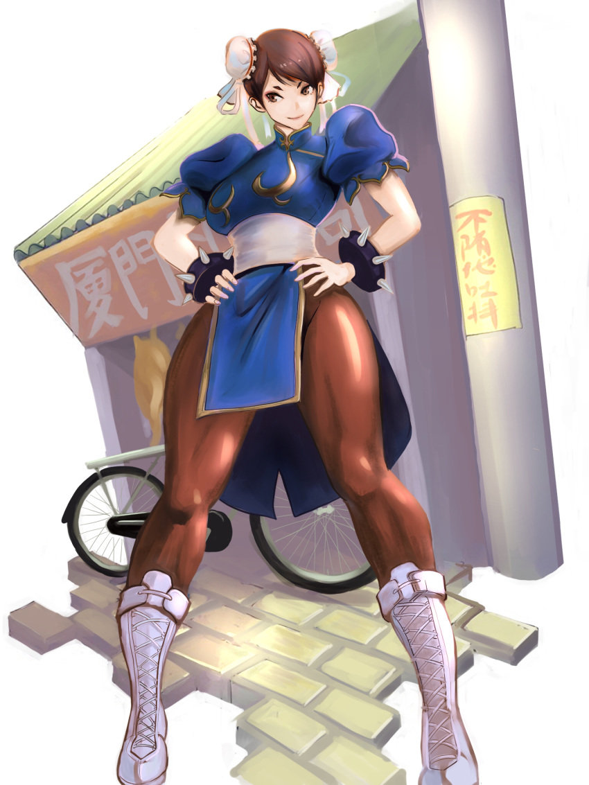 1girl bicycle blue_dress boots bracelet breasts brown_eyes brown_hair brown_legwear bun_cover china_dress chinese_clothes chun-li cross-laced_footwear double_bun dress earrings food_stand full_body ground_vehicle hair_pulled_back hands_on_hips head_tilt highres jewelry meke pantyhose pelvic_curtain puffy_short_sleeves puffy_sleeves sash short_sleeves side_slit smile solo spiked_bracelet spikes street_fighter utility_pole white_footwear