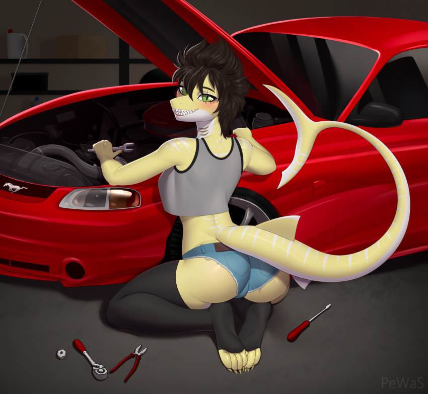 absurd_res anthro car clothing female fish garage green_eyes hi_res legwear marine pewas shark shirt smile solo stockings teeth topwear undershirt vehicle