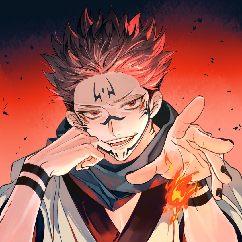 1boy black_nails blue_scarf brown_hair cheek_rest extra_eyes facial_tattoo fire flame highres japanese_clothes jujutsu_kaisen kimono looking_at_viewer magic male_focus mayer open_hand open_mouth red_background red_eyes ryoumen_sukuna_(jujutsu_kaisen) scarf short_hair smile solo spiked_hair tattoo teeth tsurime upper_body white_kimono