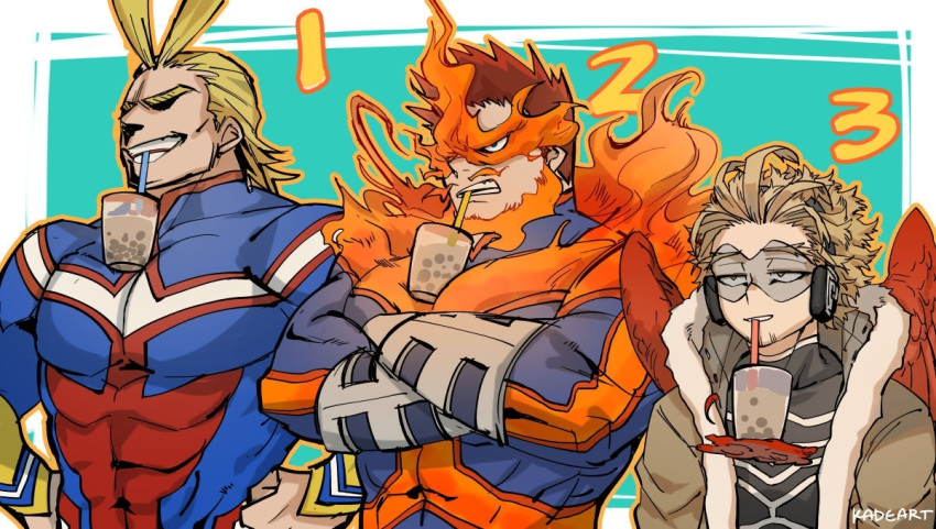 3boys abs all_might bara beard between_pecs blonde_hair bodysuit boku_no_hero_academia brown_eyes bubble_tea bubble_tea_challenge cheating_(competitive) chest coat commentary crossed_arms cup drink drinking_straw facial_hair feathered_wings feathers fire fur_collar goggles goggles_on_eyes hand_on_hip hawks_(boku_no_hero_academia) headphones kadeart long_sleeves looking_away male_focus multicolored_hair multiple_boys muscle mustache object_on_pectorals pectorals red_hair red_wings simple_background skin_tight smile spiked_hair superhero teeth todoroki_enji two-tone_hair upper_body wings winter_clothes winter_coat