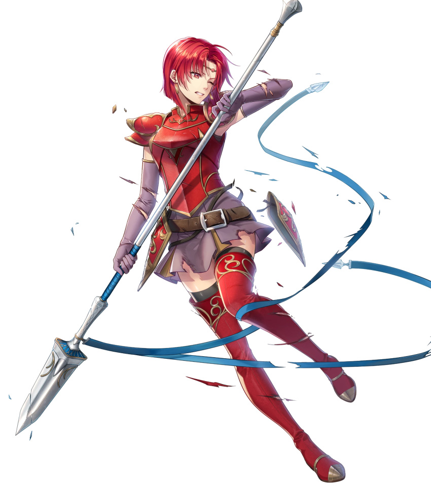 1girl armor bangs belt black_legwear boots breastplate circlet dress earrings elbow_gloves fire_emblem fire_emblem:_the_binding_blade fire_emblem_heroes full_body gloves highres jewelry kiyu_(zuyu) melady_(fire_emblem) official_art purple_dress red_armor red_eyes red_hair shiny shiny_clothes shiny_hair short_dress short_hair shoulder_armor sleeveless solo thigh_boots thighhighs thighhighs_under_boots transparent_background white_background zettai_ryouiki