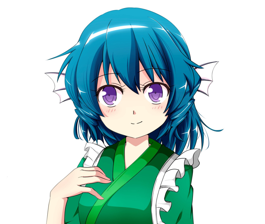 1girl bangs blue_hair closed_mouth drill_hair drill_locks eyebrows_visible_through_hair frilled_kimono frills green_kimono hair_between_eyes hand_on_own_chest head_fins highres japanese_clothes kimono long_sleeves looking_at_viewer purple_eyes short_hair simple_background smile solo touhou tsuukinkaisoku_oomiya upper_body wakasagihime white_background