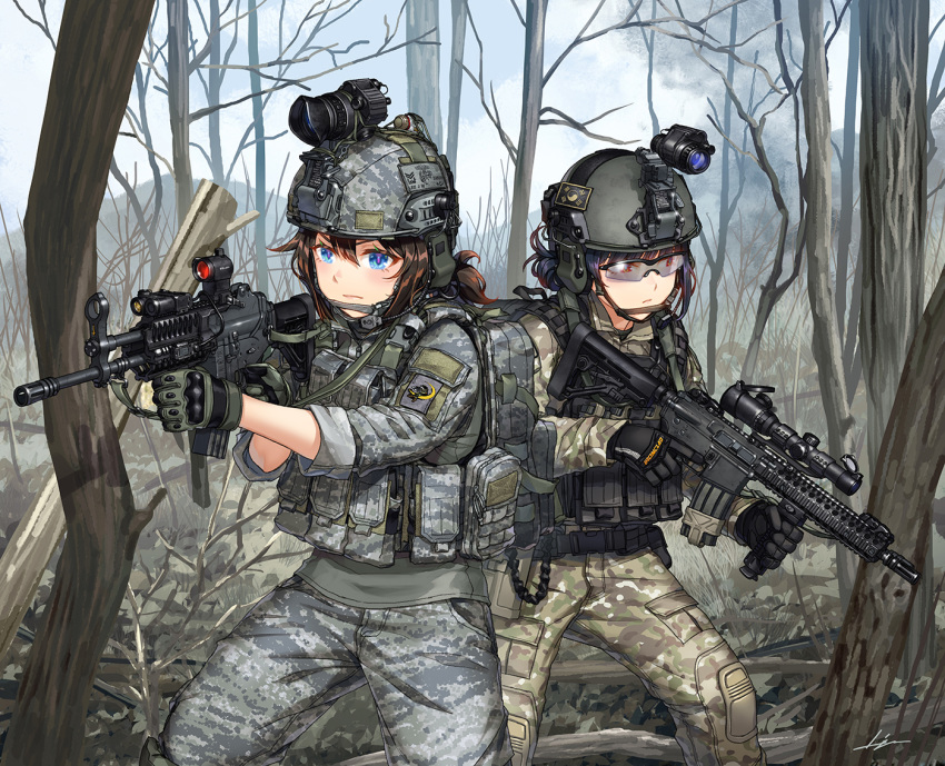 2girls aiming assault_rifle backpack bag bare_tree black_hair blue_eyes brown_eyes brown_hair camouflage commentary_request daewoo_k2 folded_ponytail forest gloves goggles goggles_on_headwear gun hair_between_eyes headset helmet holding holding_weapon knee_pads kws laser_sight load_bearing_vest military military_operator multiple_girls nature original patch plate_carrier rifle scope sling smoke south_korea south_korean_flag sunglasses tree trigger_discipline vertical_foregrip weapon weapon_request