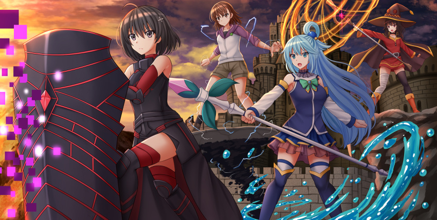 4girls ahoge aqua_(konosuba) armor armpits asymmetrical_legwear bandaged_leg bandages belt black_armor black_belt black_choker black_gloves black_hair black_headwear black_legwear blue_eyes blue_footwear blue_hair blue_legwear blue_shirt blue_skirt bob_cut boots bow brown_belt brown_eyes brown_hair button_eyes cape castle choker collarbone crossover detached_sleeves dress electricity eyebrows_visible_through_hair fingerless_gloves gekota gloves green_bow hair_ornament hair_strand hairpin hat highres holding holding_shield holding_staff hood hood_down hoodie itai_no_wa_iya_nano_de_bougyoryoku_ni_kyokufuri_shitai_to_omoimasu kazenokaze kono_subarashii_sekai_ni_shukufuku_wo! long_hair maple_(bofuri) megumin misaka_mikoto mismatched_legwear multiple_girls open_mouth red_dress red_eyes red_legwear red_sky shield shirt short_hair short_hair_with_long_locks shorts shuriken_hair_ornament single_thighhigh skirt sky staff tagme thigh_boots thighhighs to_aru_kagaku_no_railgun to_aru_majutsu_no_index witch_hat