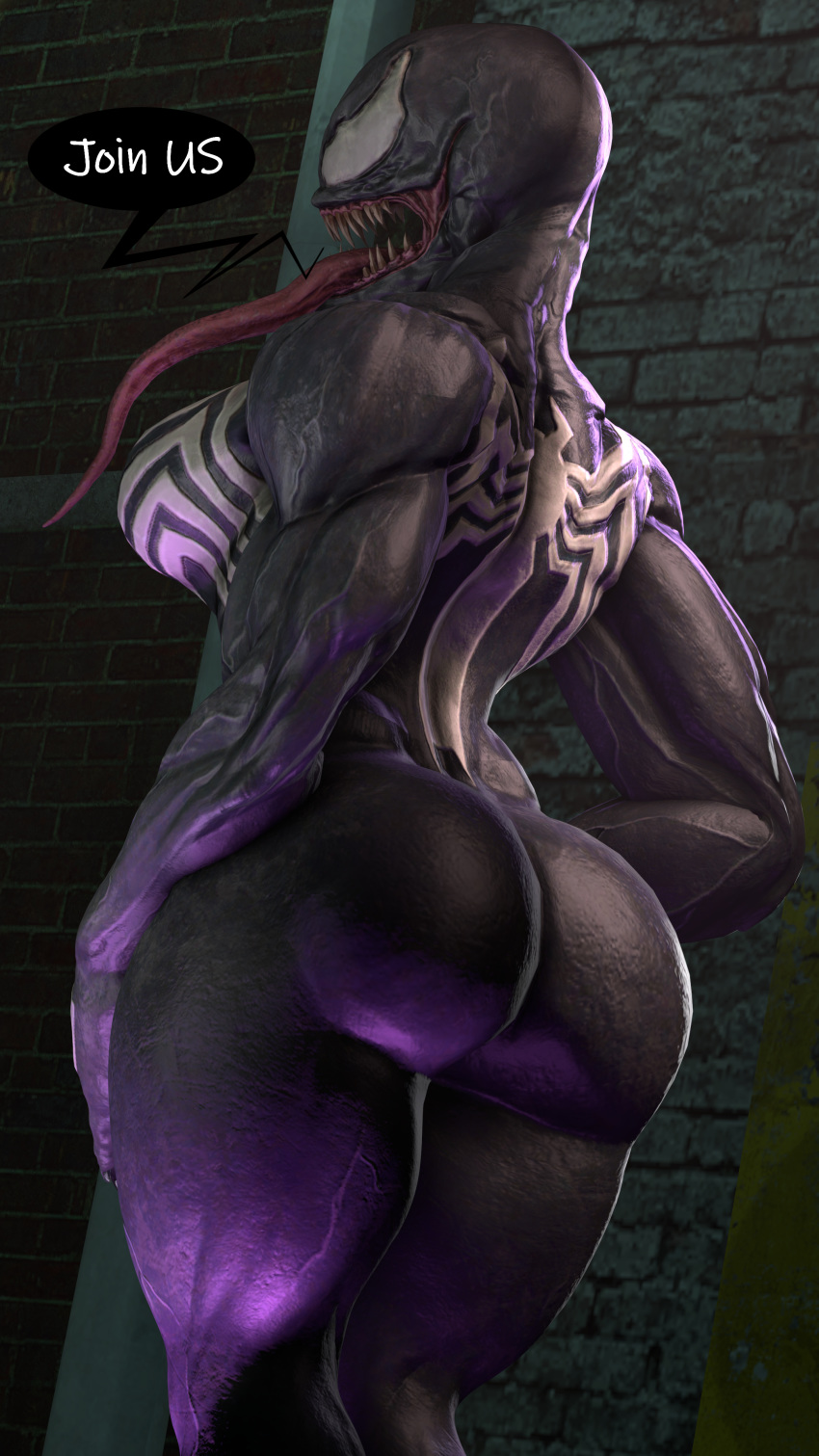 2020 3d_(artwork) 4k 9:16 absurd_res alien atsukosfm_(artist) big_breasts big_butt black_body breasts butt digital_media_(artwork) female hi_res humanoid long_tongue looking_back marvel muscular muscular_female muscular_humanoid sharp_teeth she-venom solo speech_bubble symbiote teeth thick_thighs tongue tongue_out venom_(marvel) wall_(structure) white_eyes