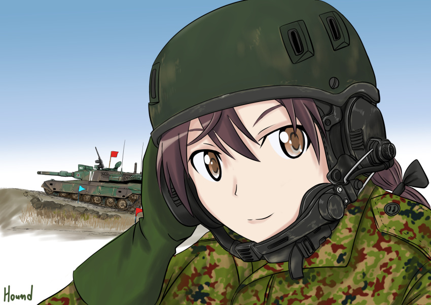 1girl artist_name brown_eyes caterpillar_tracks commentary_request day flag gertrud_barkhorn grass ground_vehicle hat highres hound_(ss-7) military military_hat military_uniform military_vehicle motor_vehicle sky smile strike_witches tank type_90_kyu-maru uniform world_witches_series