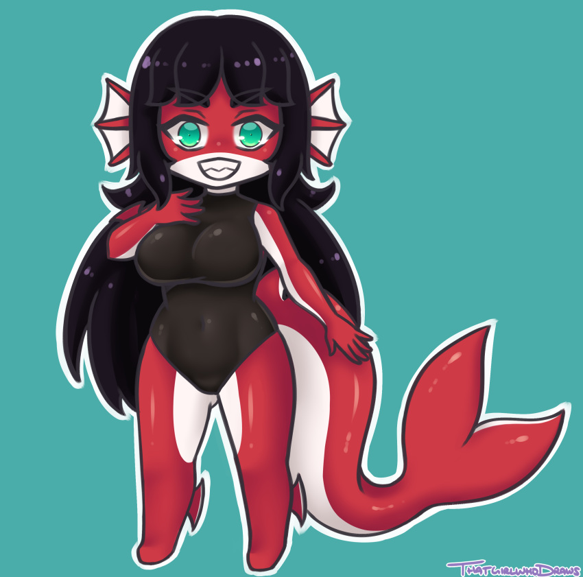 2020 absurd_res animal_humanoid big_breasts black_clothing black_hair black_swimwear breasts chibi clothed clothing colored eyebrow_through_hair eyebrows female fin_ears finne fish fish_humanoid green_eyes grin hair hi_res humanoid long_hair marine marine_humanoid multicolored_body one-piece_swimsuit red_body red_skin shark_humanoid shark_tail smile solo solo_focus swimwear teeth that-girl-whodraws translucent translucent_hair white_body white_skin