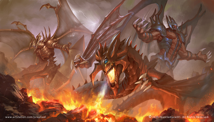 claws demon dragon duel_monster english_commentary fire flame hamon_lord_of_striking_thunder joshua_raphael monster no_humans open_mouth raviel_lord_of_phantasms sharp_teeth sky teeth uria_lord_of_searing_flames watermark web_address wings yu-gi-oh!