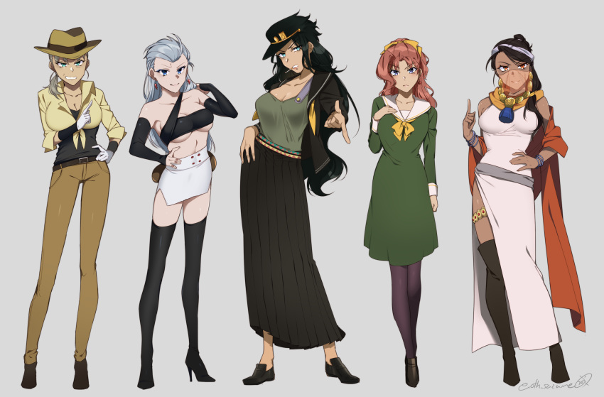 5girls absurdres aqua_eyes black_headwear black_legwear black_skirt black_sleeves blue_eyes breasts brown_eyes brown_pants cigarette detached_sleeves dress earrings genderswap genderswap_(mtf) gloves green_dress grey_hair hat high_heels highres jewelry jojo_no_kimyou_na_bouken joseph_joestar kakyouin_noriaki kuujou_joutarou large_breasts long_hair long_skirt long_sleeves miniskirt mohammed_avdol mouth_veil multiple_girls old old_woman one_suzume pants pleated_skirt rero_rero school_uniform side_slit silver_hair skirt sleeveless sleeveless_dress smoking standing stardust_crusaders sukeban white_dress white_gloves white_skirt