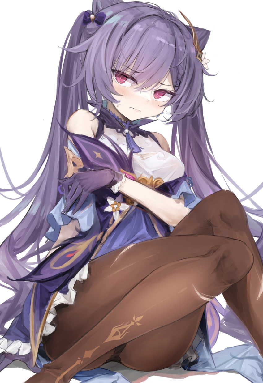 1girl 7gao bare_shoulders blush brown_legwear choker closed_mouth commentary_request double_bun dress earrings embarrassed frilled_gloves frills genshin_impact gloves hair_ears highres jewelry keqing long_hair looking_at_viewer panties panties_under_pantyhose pantyhose purple_choker purple_dress purple_eyes purple_gloves purple_hair sitting solo twintails underwear very_long_hair white_background