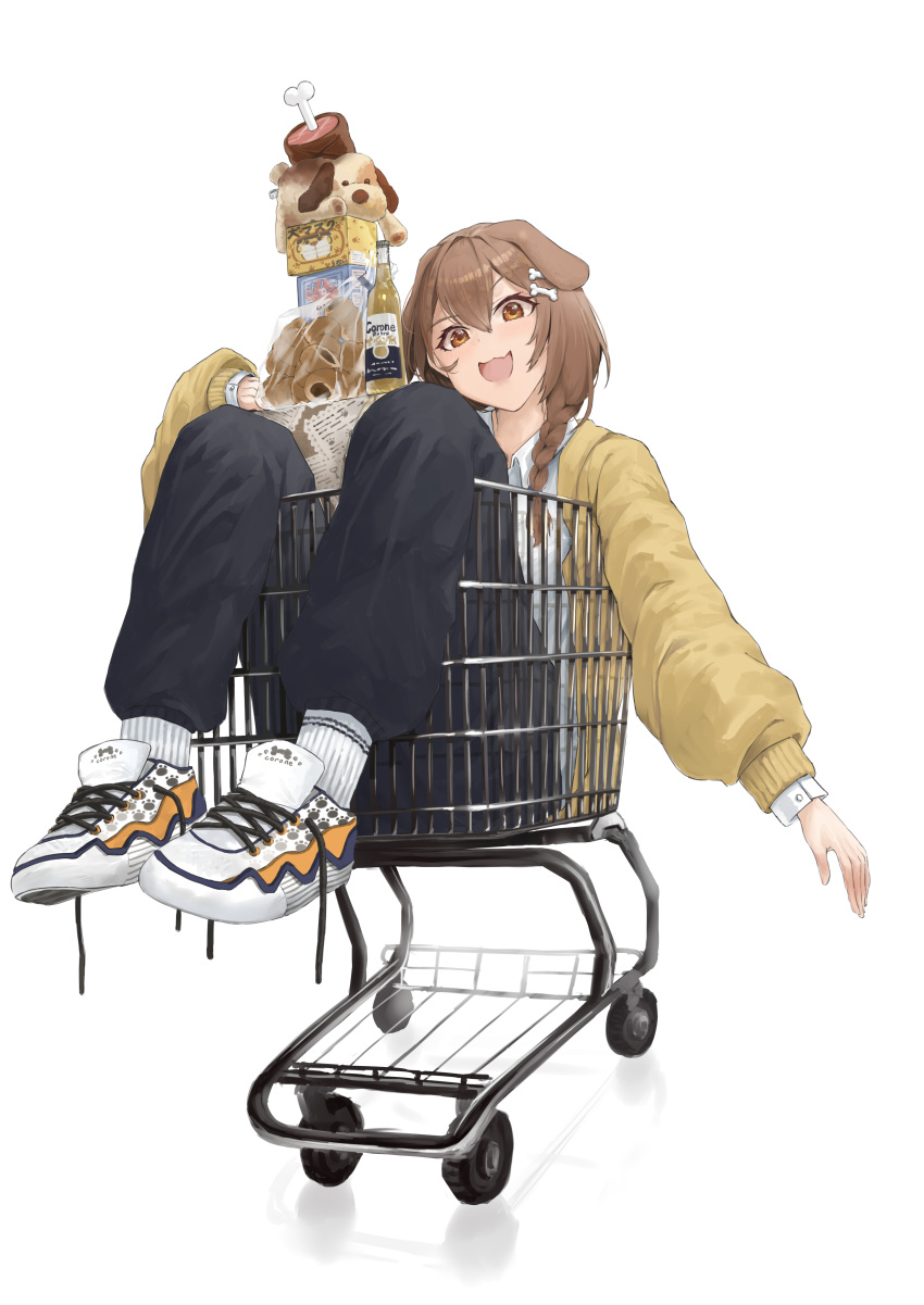 1girl 9_no_seicho_nikki :3 absurdres adapted_costume animal_ears bangs beer_bottle bone_hair_ornament brand_name_imitation brown_cardigan brown_eyes brown_hair cardigan corona_(brand) croissant dog_ears dog_girl food hair_ornament highres hololive inugami_korone long_sleeves looking_at_viewer open_hand open_mouth shirt shoes shopping_cart sitting sneakers stuffed_animal stuffed_dog stuffed_toy untied_shoes virtual_youtuber white_background white_shirt
