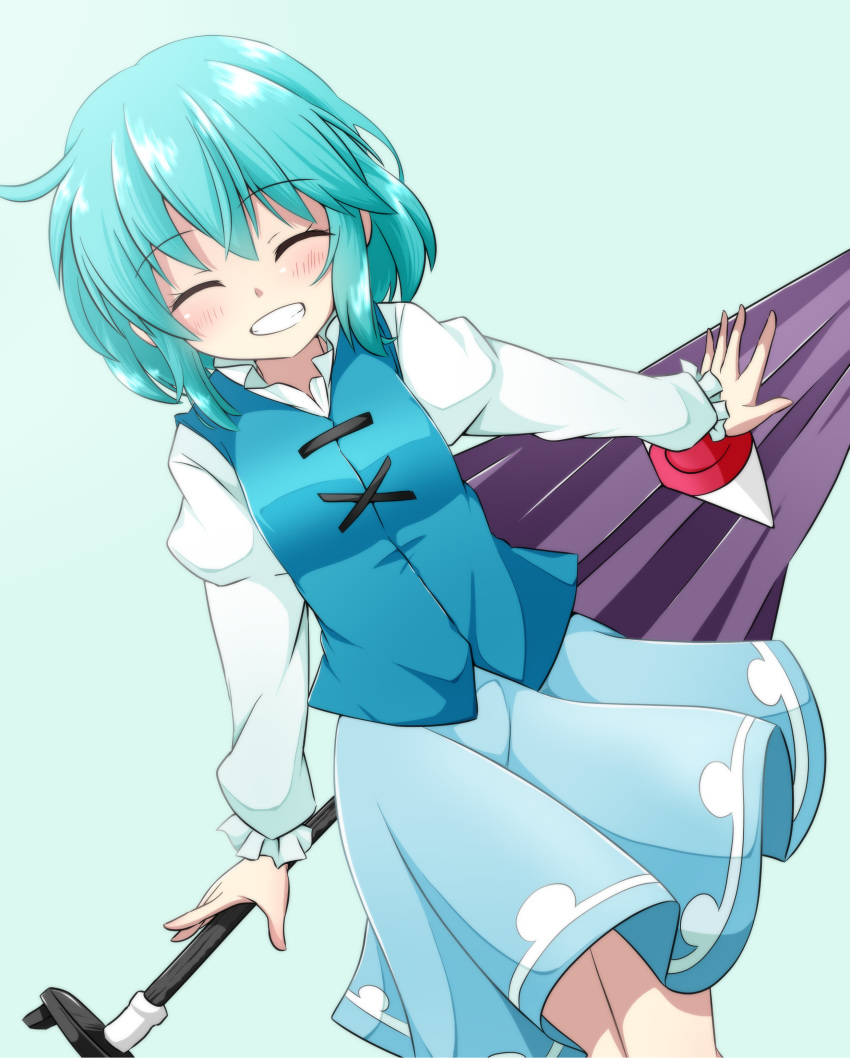 1girl absurdres bangs blue_background blue_hair blue_skirt blue_vest blush closed_eyes clothes cross-laced_clothes cross-laced_top eyebrows_visible_through_hair highres karakasa_obake long_hair long_sleeves purple_umbrella shirt short_hair simple_background skirt smile solo tatara_kogasa touhou tsuukinkaisoku_oomiya umbrella vest white_shirt