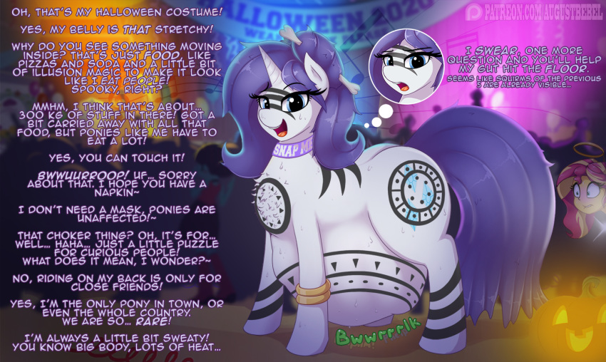 2020 augustbebel blue_eyes cutie_mark dialogue digital_media_(artwork) english_text equestria_girls equid equine eyebrows eyelashes female feral friendship_is_magic hair hasbro horn human jack-o'-lantern mammal my_little_pony open_mouth rarity_(mlp) sunset_shimmer_(eg) text unicorn url vore