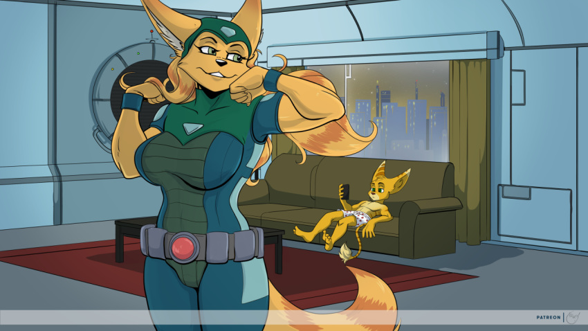 angela_cross anthro boxers_(clothing) breasts clothed clothing duo female fur hair lombax looking_back male mammal ratchet ratchet_and_clank solo_focus sony_corporation sony_interactive_entertainment tail_tuft topless tuft underwear video_games yawg yellow_body yellow_fur