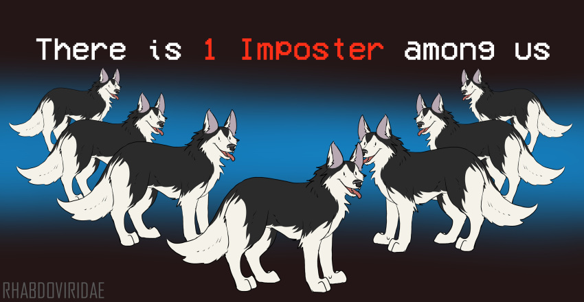 ambiguous_gender among_us beady_eyes black_body black_eyes black_fur canid canine canis conditional_dnp digital_media_(artwork) domestic_dog english_text feral fur group hi_res husky innersloth mammal nordic_sled_dog open_mouth spitz text the_thing video_games white_body white_fur wolftacos