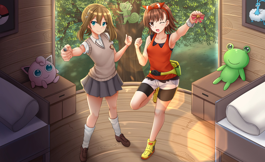 2girls ankle_socks armpits bed belt_pouch bike_shorts black_shorts bow brown_eyes brown_sweater_vest chameleon character_request coin collarbone crossover eyebrows_visible_through_hair frog gekota gen_1_pokemon hair_ornament hair_ribbon hairpin highres jigglypuff kazenokaze loafers looking_at_viewer may_(pokemon) misaka_mikoto multiple_girls one_eye_closed open_mouth picture_(object) pillow pokemon pouch red_bow ribbon school_uniform shoes short_sleeves shorts smile sneakers socks standing standing_on_one_leg stuffed_animal stuffed_frog stuffed_toy sweater_vest to_aru_kagaku_no_railgun to_aru_majutsu_no_index tokiwadai_school_uniform tree wooden_floor yellow_footwear