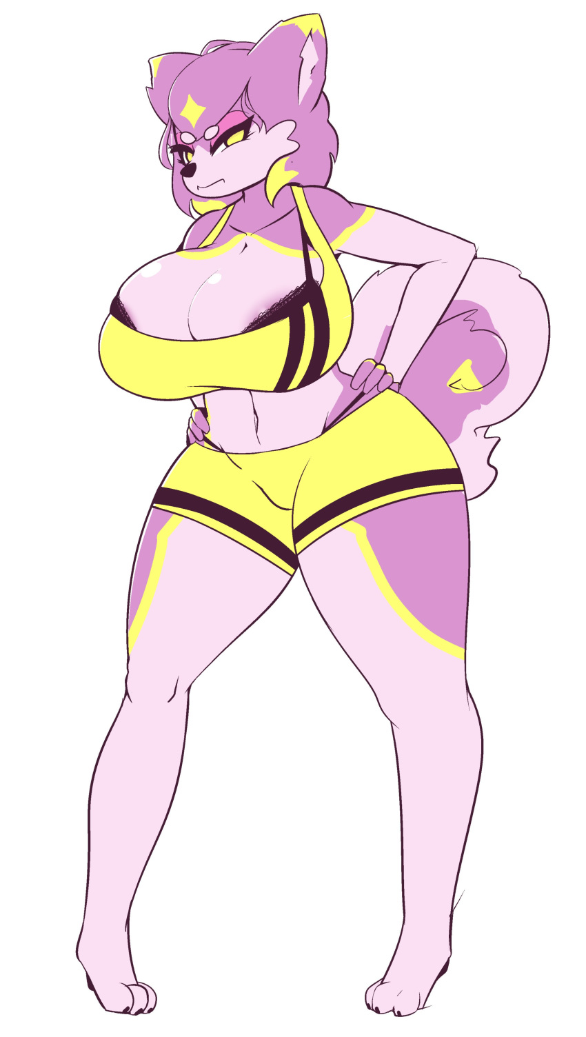 absurd_res anthro big_breasts bottomwear bra breasts canid canine cleavage clothed clothing female fur hi_res huge_breasts mammal purple_body purple_fur shorts simple_background solo underwear unyin white_background wide_hips yellow_eyes